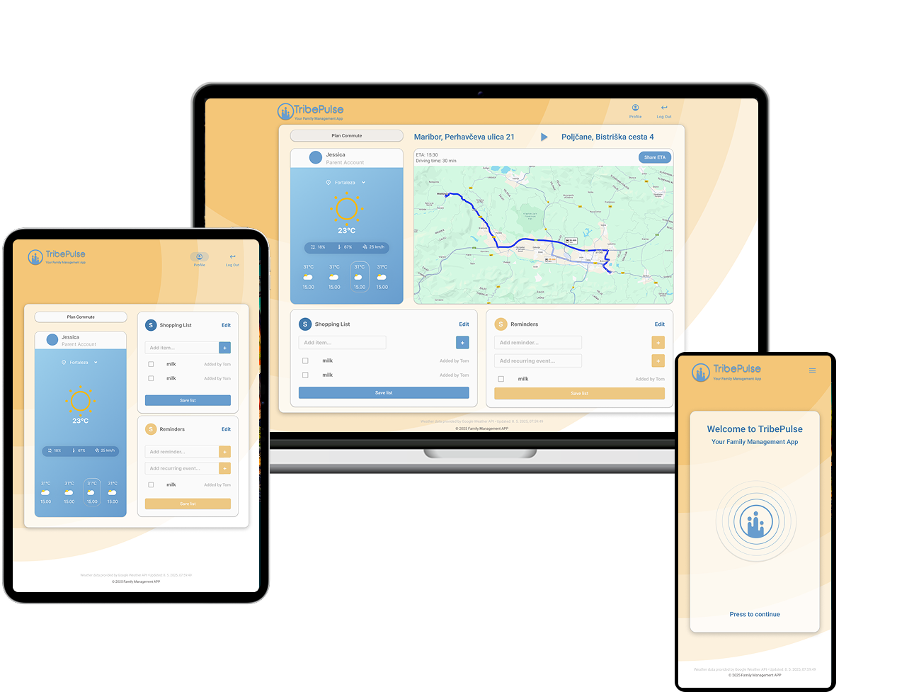Mockup of a desktop family management app showing commute planning, weather, shopping list, and reminders.