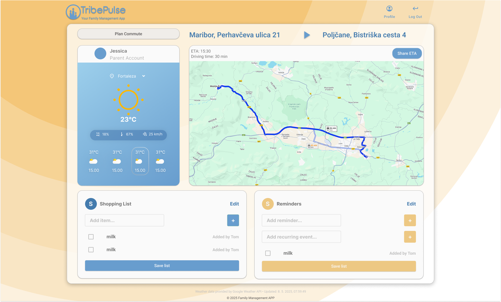 Main dashboard design for a family management app.