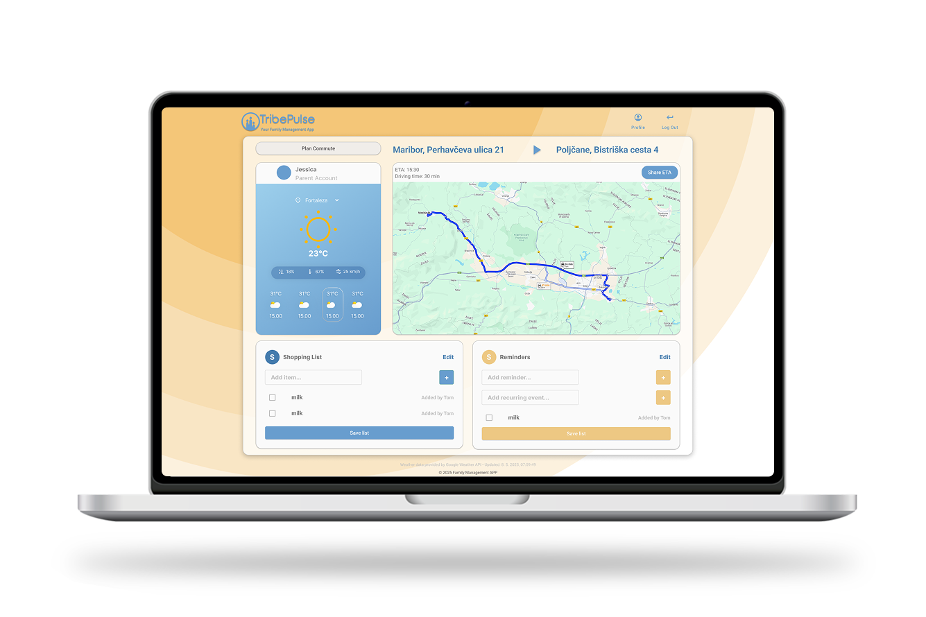 Laptop displaying a dashboard of a family management app.